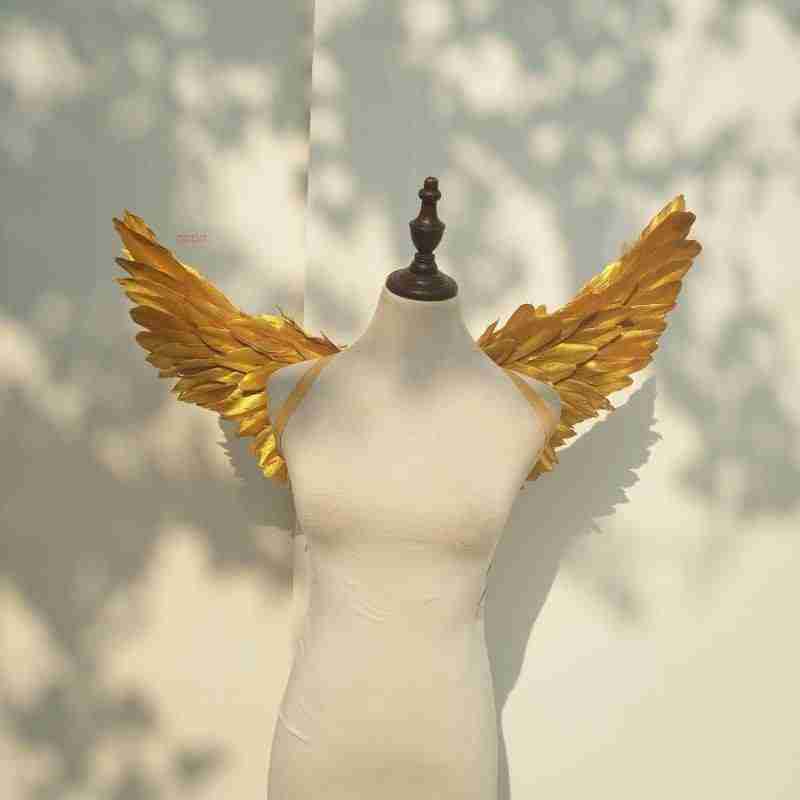 Our little cute golden angel wings from the front. Made from goose feathers. Wings for angel costume or kids wings costume. Suitable for photoshoots.