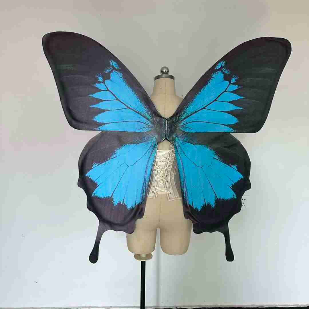 Our blue black butterfly wings from the back. Made from cloth. Can be also named fairy wings or pixie wings.