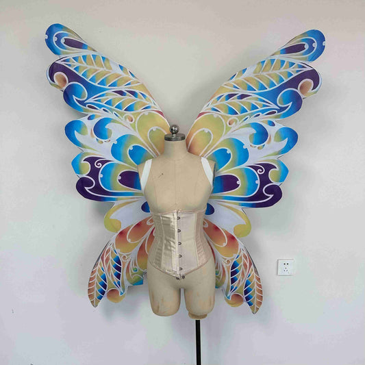 Our colorful dream butterfly wings from the front. Made from cloth. Can be also named fairy wings or pixie wings.
