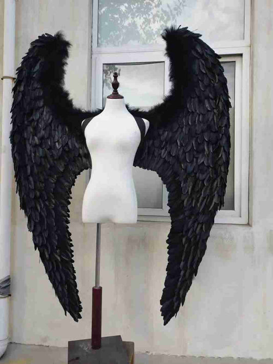 Our dark angel wings from the front. Made from goose feathers. Wings for angel costume or devil costume. Suitable for photoshoots.