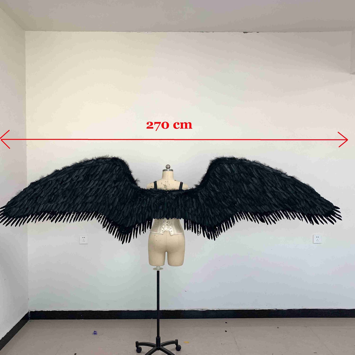 Our black fallen angel wings dimensions. Made from goose feathers. Wings for the devil or fallen angel costume. Suitable for photoshoots.