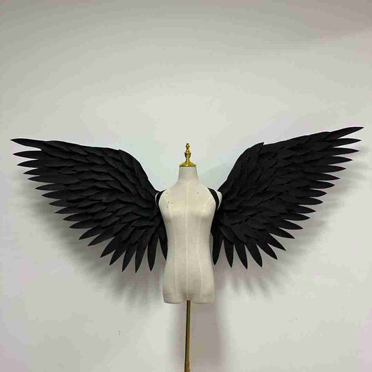 Our black angel wings from the front. Made from EVA foam feathers. Wings for angel wings costume or devil wings costume. Suitable for photoshoots.