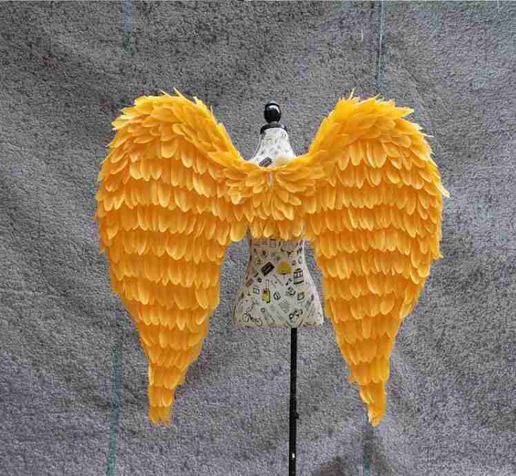 Our little gold color angel wings from the back. Made from goose feathers. Wings for angel costume. Suitable for photoshoots.