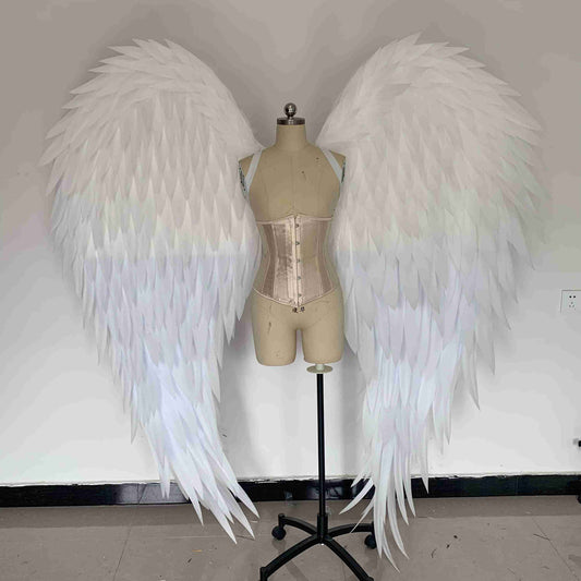 Our white angel wings from the front. Made from pearl cotton foam. Wings for angel costume. Suitable for photoshoots.