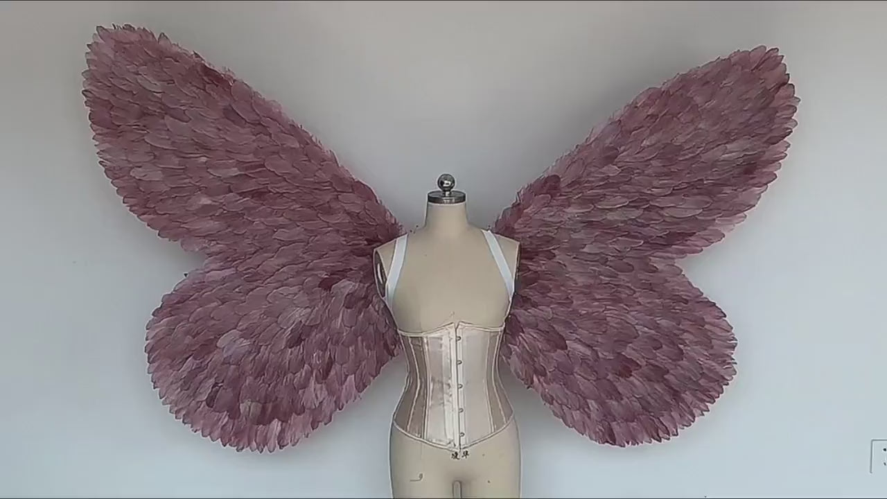 Our purple color butterfly wings video. Made from goose feathers. Wings for butterfly, pixie, and fairy costumes. Suitable for photoshoots.