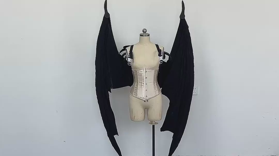 Our large black color devil wings video. Wings are moveable and can control extension and folding remotely. Made from aluminum alloy and cloth. Wings for fallen angel costume or devil costume. Suitable for fantasy photoshoots or events.