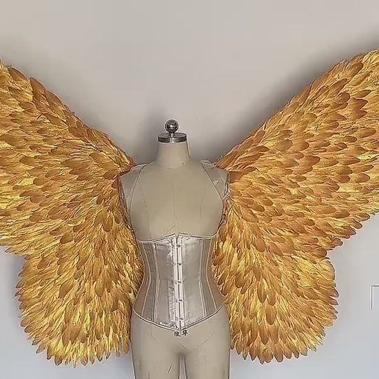 Our golden color butterfly wings video. Made from goose feathers. Wings for butterfly, pixie, and fairy costumes. Suitable for photoshoots.