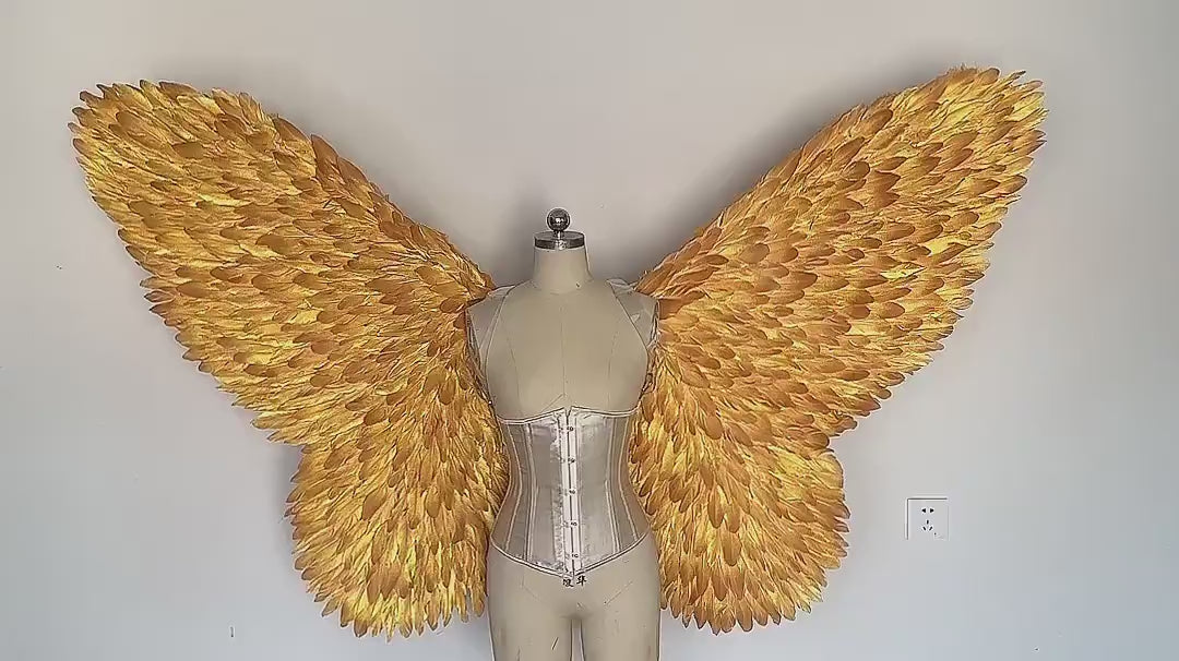 Our golden color butterfly wings video. Made from goose feathers. Wings for butterfly, pixie, and fairy costumes. Suitable for photoshoots.