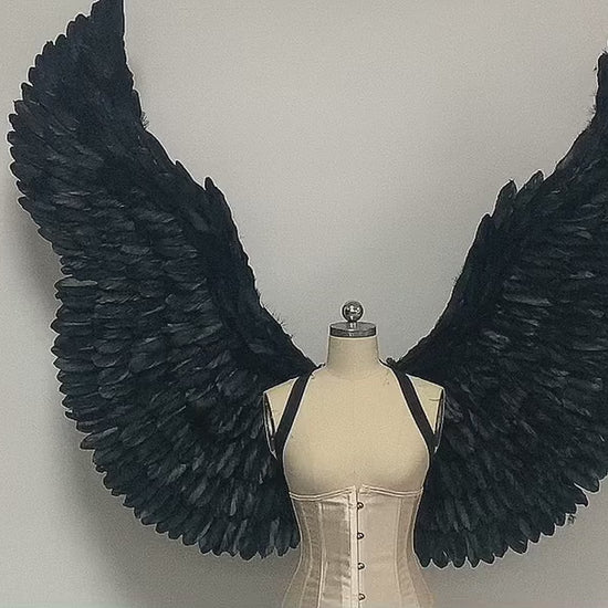 Our black color devil wings video. Made from goose feathers. Wings for the devil or angel costume. Suitable for photoshoots.