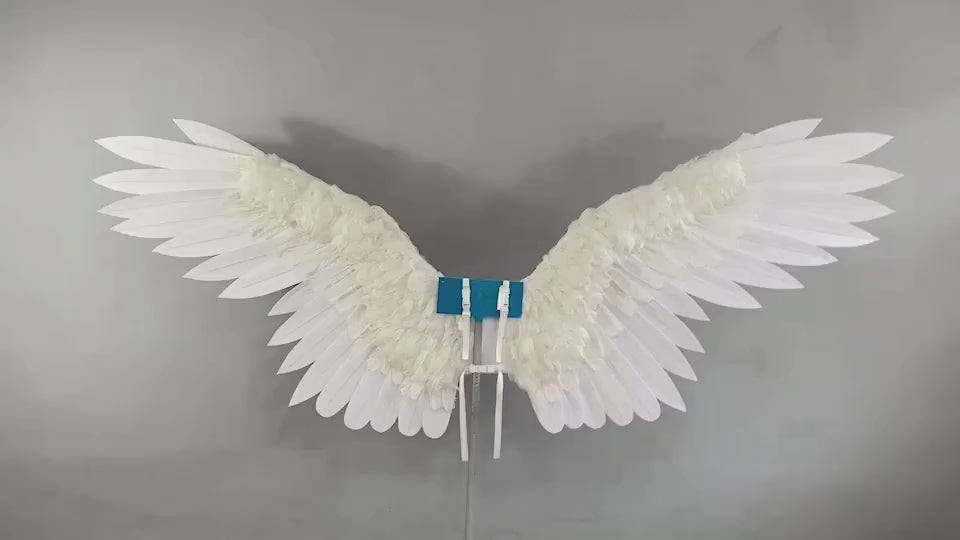 Our large white color angel wings video. Wings are moveable and can control extension and folding remotely. Made from flannel cloth and goose feathers. Wings for angel costume or devil costume. Suitable for fantasy photoshoots or events.
