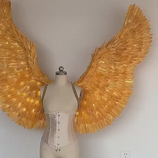 Our gold color angel wings video. Made from goose feathers with LED lights inside. Wings for angel costume. Suitable for photoshoots.
