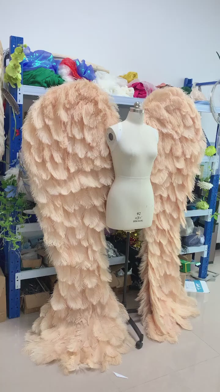 Our luxury beige angel wings video. Made from ostrich feathers. Wings for angel costume. Suitable for photoshoots especially for boudoirs.