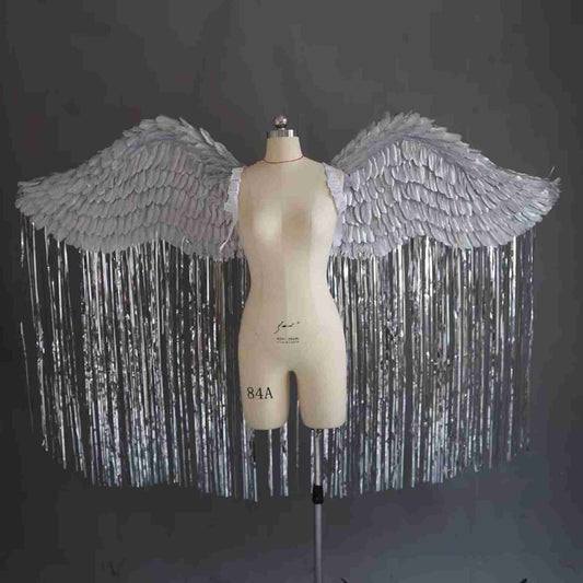 Our silver angel wings from the front. Made from goose feathers. Wings for angel wings costume. Suitable for photoshoots.