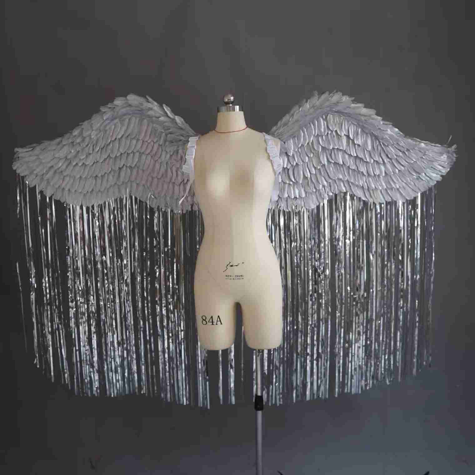 Our silver angel wings from the front. Made from goose feathers. Wings for angel wings costume. Suitable for photoshoots.