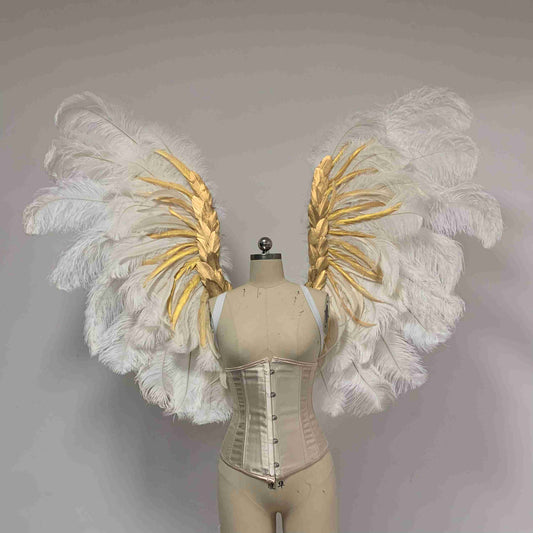 Our royal white angel wings from the front. Made from ostrich feathers. Wings for angel costume. Suitable for boudoir photoshoots.